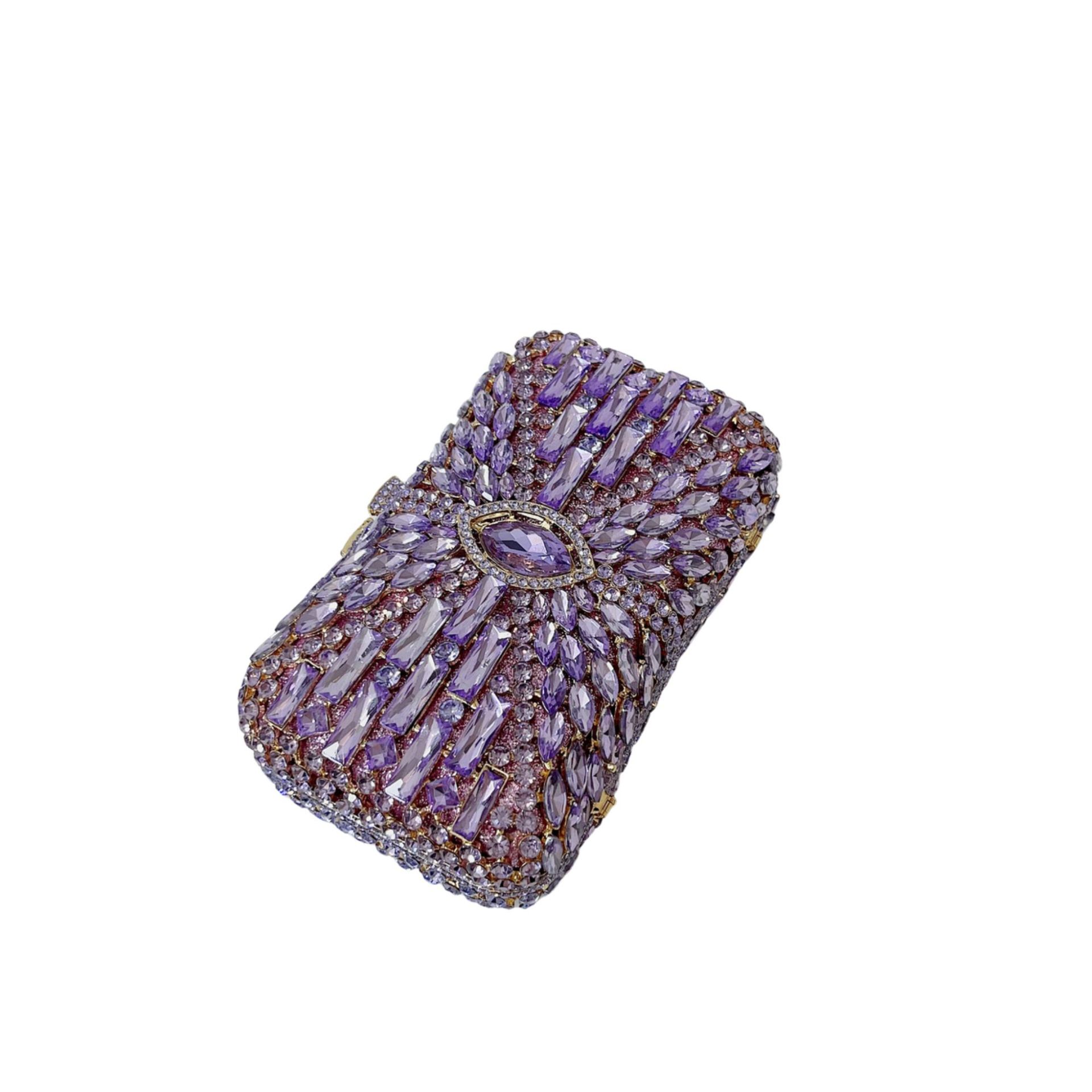 Túi clutch nữ đính đá rhinestone hộp cứng kim loại cầm tay dạ hội — Màu hồng, Hoa violet, Đế vàng kim cương, Màu sâm panh chi tiết 7