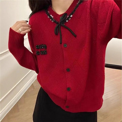 哥家商场同款女装2025秋季加厚小香风蝴蝶结亮片圆领毛衣开衫上衣