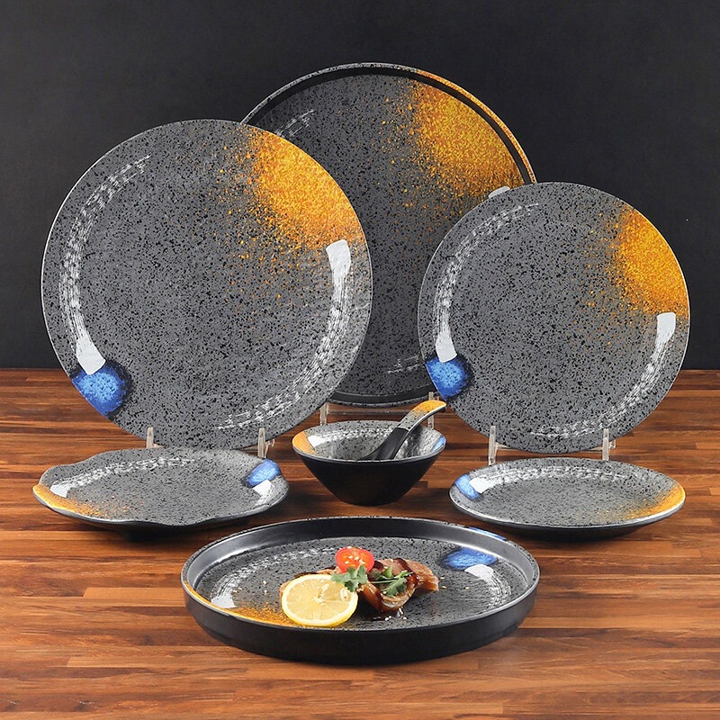Melamine round plate, steak dinner plate, plastic barbecue plate, flat dish, restaurant hot pot tableware, commercial use Melamine round plate, steak dinner plate, plastic barbecue plate, flat dish, restaurant hot pot tableware, commercial use