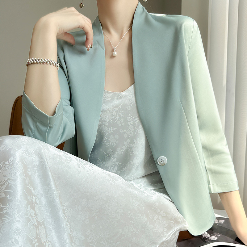 2023 New Arrival White Collarless Spring and Autumn Elegant Acetic Acid Satin Seven-Sleeve Slim-Fit Short Small Suit Jacket 2023 New Arrival White Collarless Spring and Autumn Elegant Acetic Acid Satin Seven-Sleeve Slim-Fit Short Small Suit Jacket