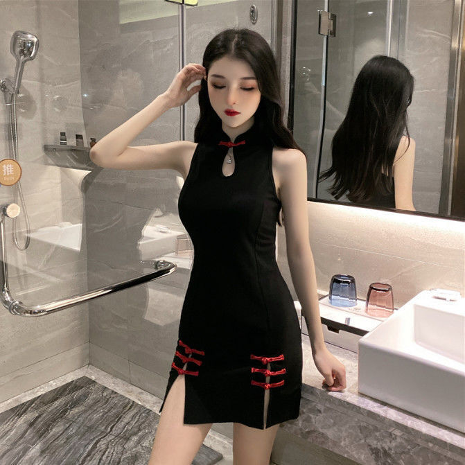 cheongsam qipao Retro cheongsam for women young girls improved girly cutout  tight-fitting nightclub mini bar dress