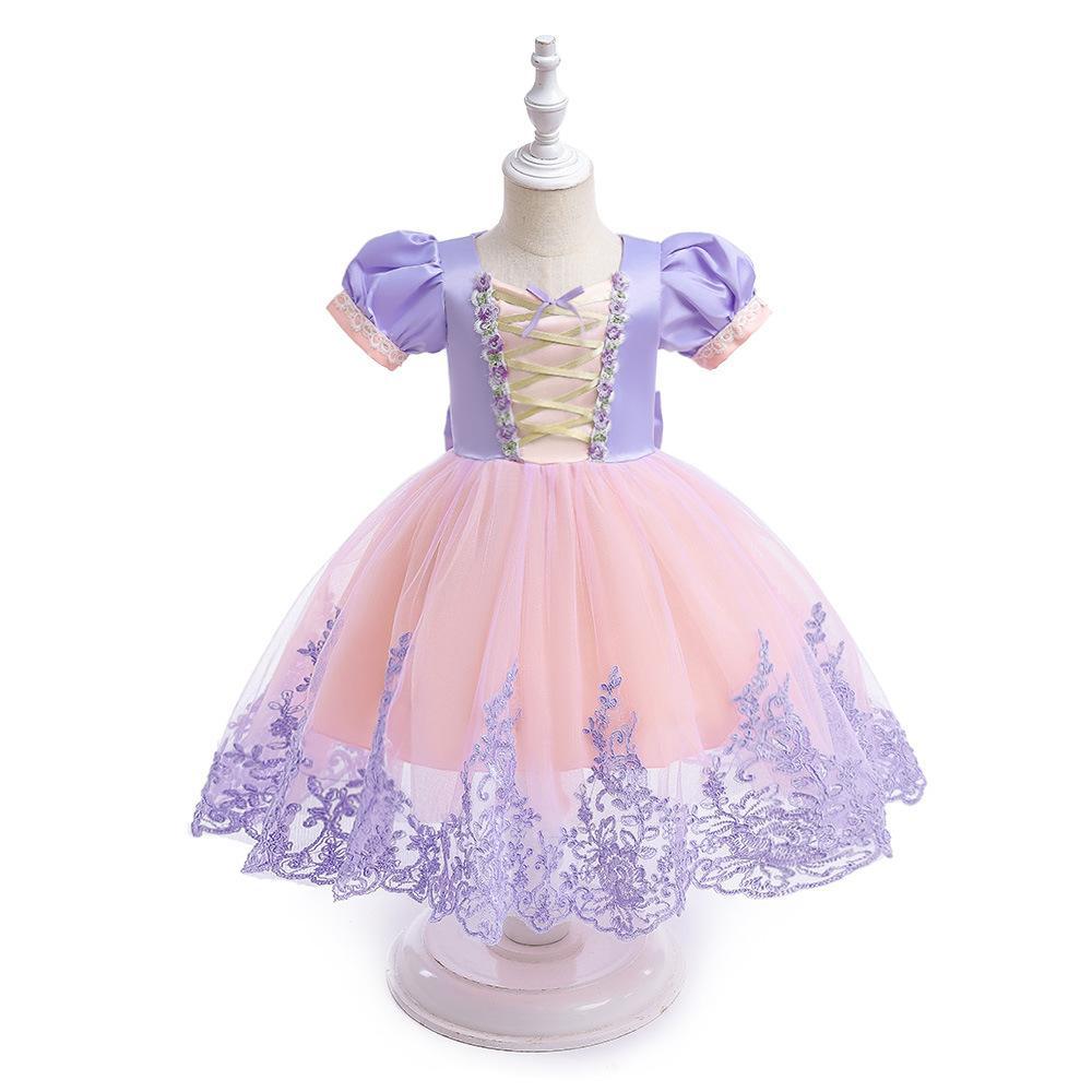 Children's butterfly bow princess dress, little girl formal dress, long hair princess net dress, Sleeping Beauty bubble sleeve formal dress