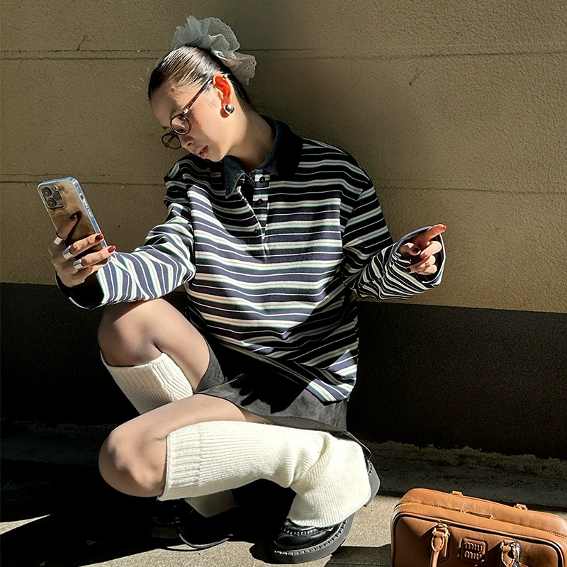 MMFISH модная ретро осенне-зимняя контрастная полосатая утолщенная рубашка-поло с длинными рукавами 24T395