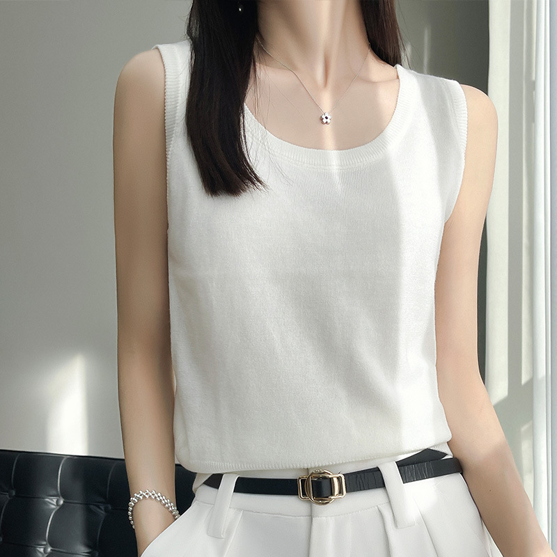 Summer Quzhu Ice Mercerized Cotton Knitted Wide Shoulder Sling Sleeveless Vest Women's Round Neck Short Base Shirt for Foreign Trade