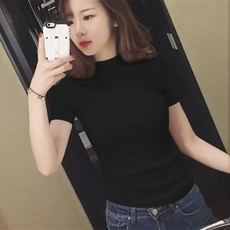 블랙 하프 터틀넥 반소매