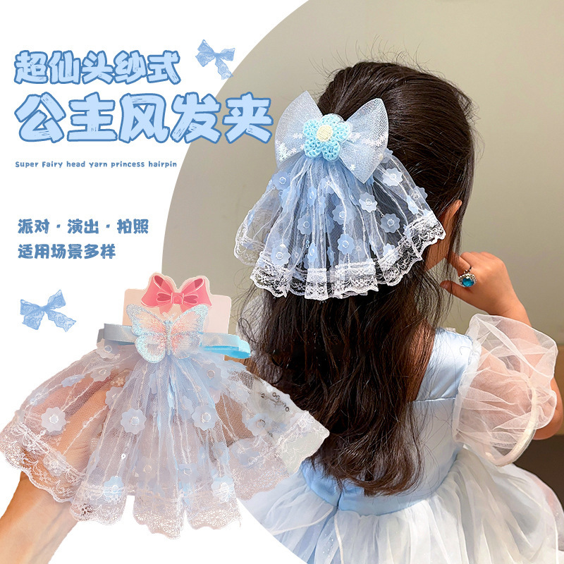 2024 nueva horquilla para niños, cinta de encaje de súper hada, horquilla de lazo, clip superior de temperamento de niña, tocado de niña
