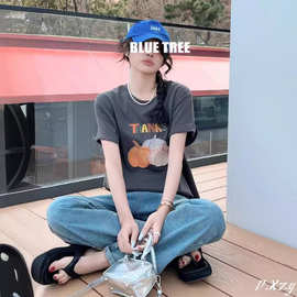 A BLUE TREE蓝树正品夏季新款女装韩版休闲刺绣南瓜T恤女短袖百搭