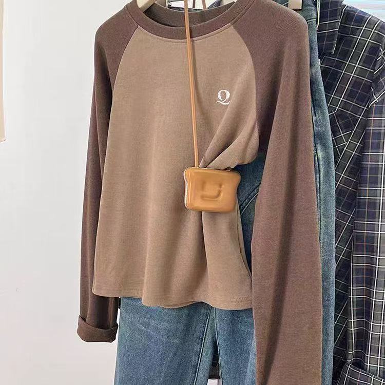 美式复古刺绣插肩袖长袖t恤女春秋设计感小众修身打底衫内搭上衣|undefined
