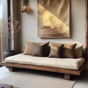 2025 New Small Apartment Solid Wood Sofa B&B Hotel Solid Wood Sofa Straight Sofa Normcore Wabi-Sabi Style Furniture