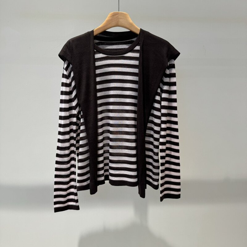 Same Style as in the Mall 2026 Spring New Casual Loose Round Neck Shawl Striped Knit Cardigan for Women 267199
