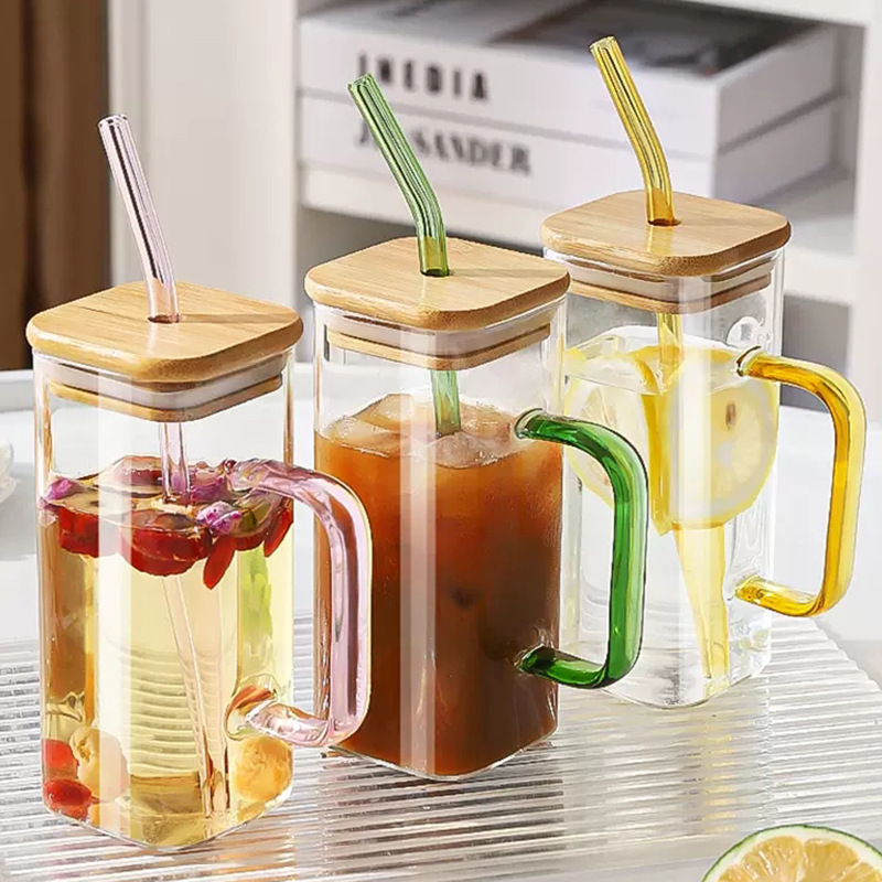 Square Glass Cup with Handle and Bamboo Lid, High-Looking Small Square Cup, Straw Cup, High Temperature Resistant Transparent Cup with Lid