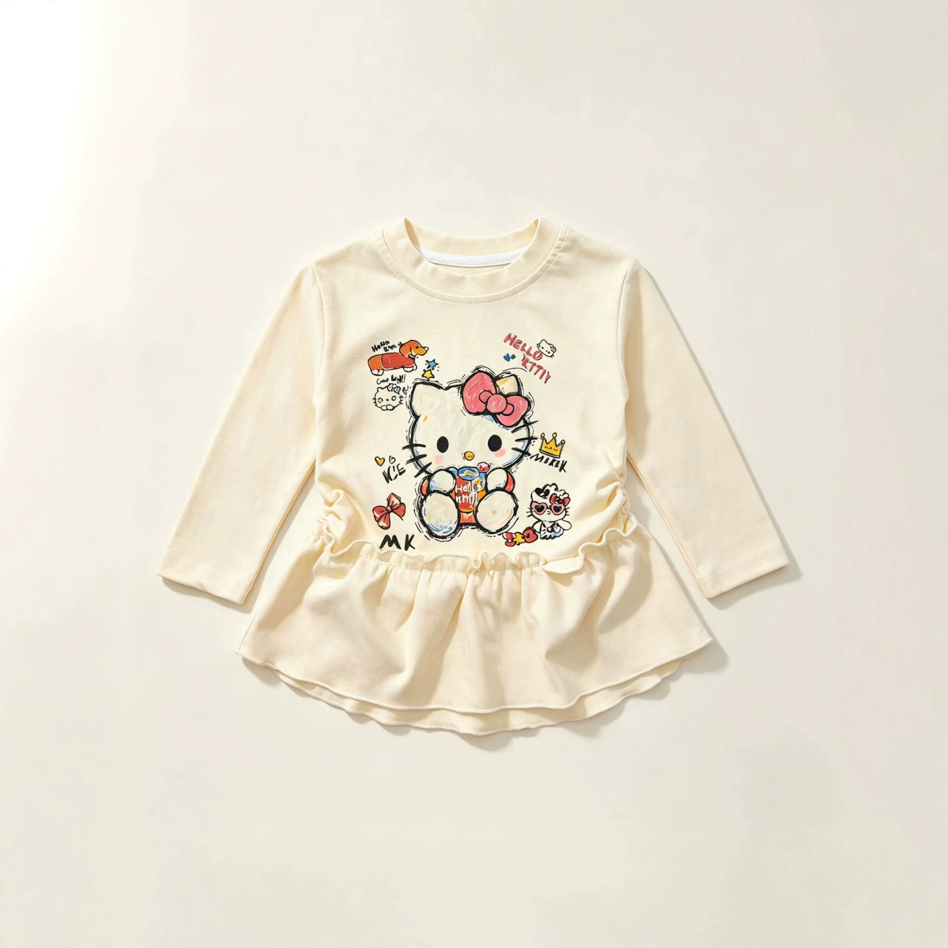 Girls' long-sleeved base layer top, spring and autumn, cotton, little girl's ruffled skirt top, baby children's cartoon T-shirt