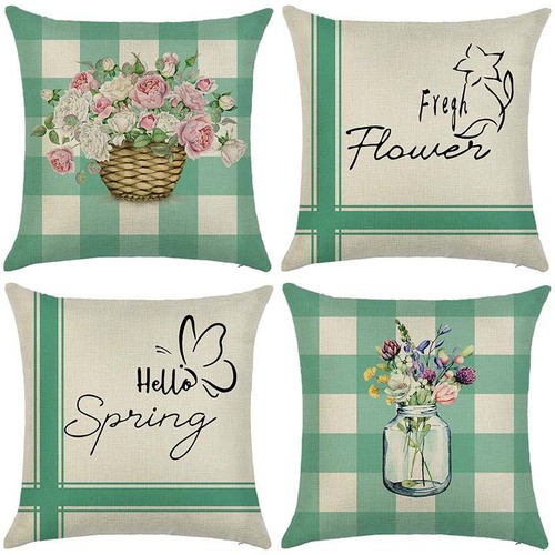 新款跨境春夏花卉抱枕套格子花朵亚麻靠垫套家具客厅组合装饰靠枕