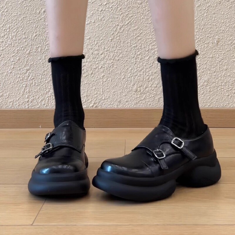 羊皮版~小个子运动风深口乐福鞋女一脚蹬厚底增高真皮圆头小皮鞋|undefined