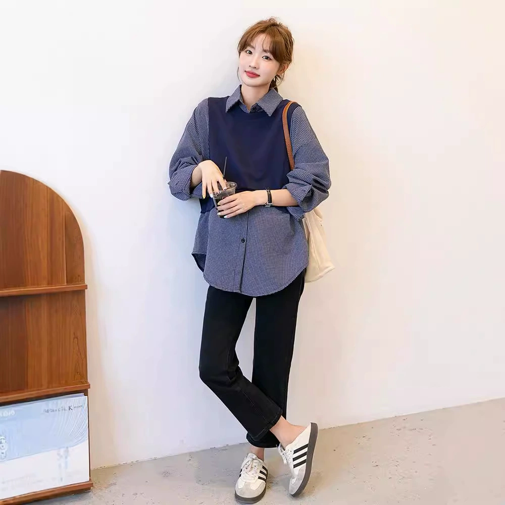 Беременная женщина поддельная рубашка свободная миу ветер беременная клетка с двумя рубашками свободная повседневная топ большого размера