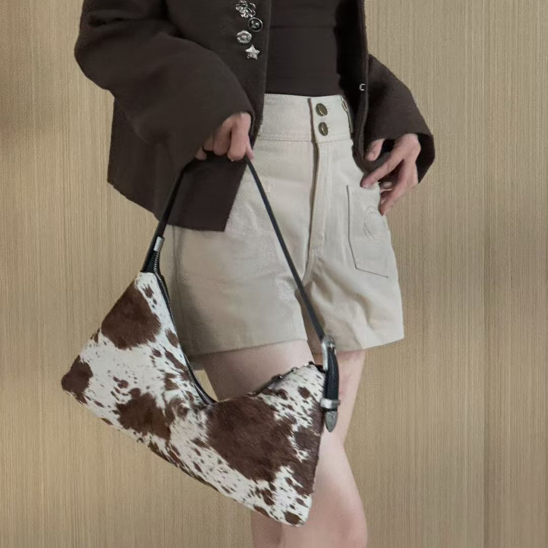 毛奶牛腋下包2025秋冬新款小众设计高级感豹纹马毛hobo通勤手提包