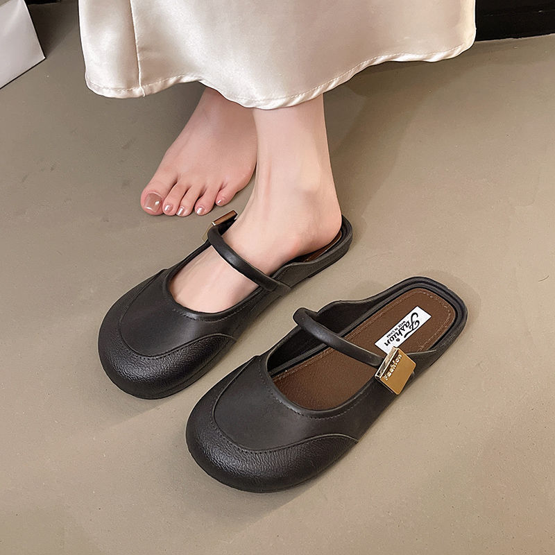 女性用包頭スリッパ、夏用ソフトソールアウターウェア、レトロフレンチスリッポン、新しい片足ハーフスリッポンビーチスリッパ|undefined