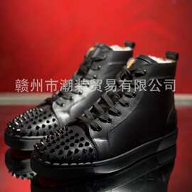 cl andgz男鞋黑色铆钉高帮系带红底鞋情侣款女鞋休闲运动板鞋