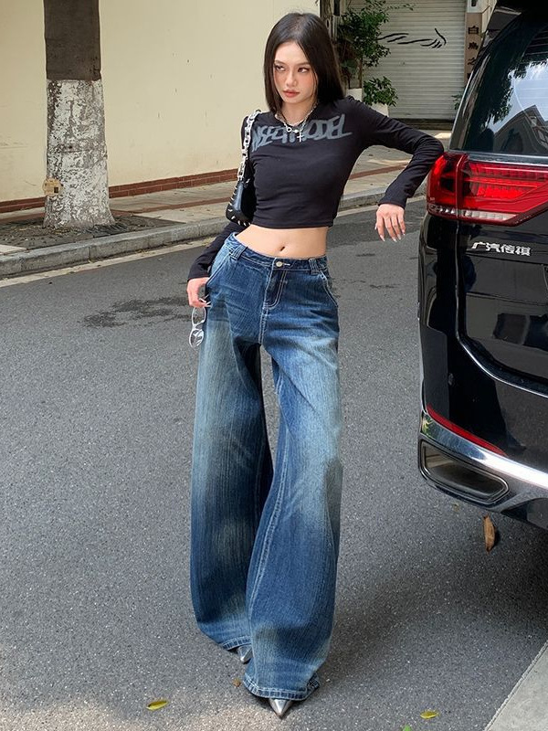 高腰阔腿牛仔裤女秋季水洗宽松显瘦弹力休闲直筒拖地裤复古深蓝色|undefined