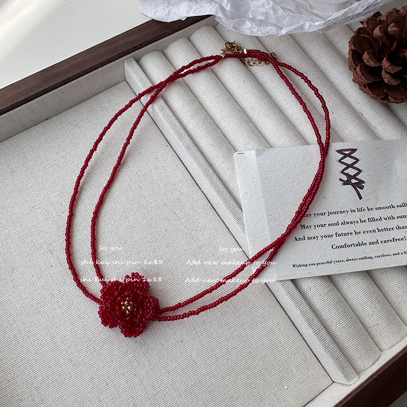 Retro Red Camellia Necklace Women's Autumn and Winter New Year Double-Layer Clavicle Chain Niche Design Flower Choker Choker