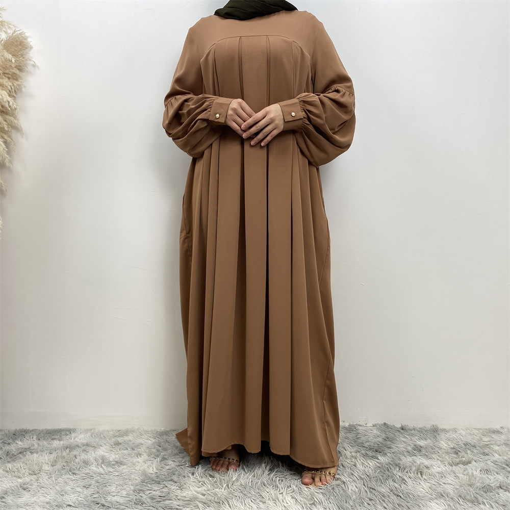 Loose Fitting Sleeved Maxi Dress Stylish Side Pockets Pleated Robe Style Design Women's Clothing_ecoleips.com