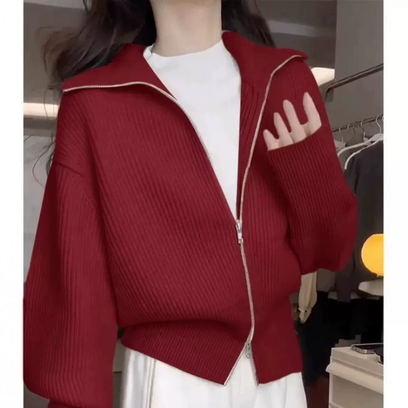 Вязаный демисезонный кардиган с молнией, белый свитер, куртка, oversize, увеличение толщины