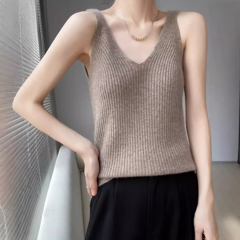 2024 Autumn and Winter New 100 Pure Wool Women's V-neck Solid Color Draw Strip Inner Vest Sling Knit Base Shirt for Women