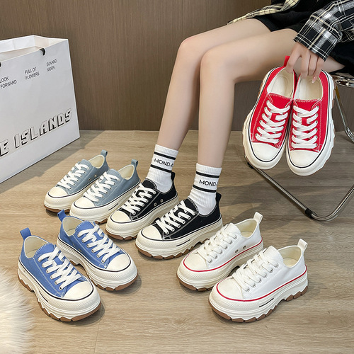 Spring new canvas shoes for women, Hong Kong style fashionable white shoes for students, thick-soled sneakers, casual and versatile ins shoes