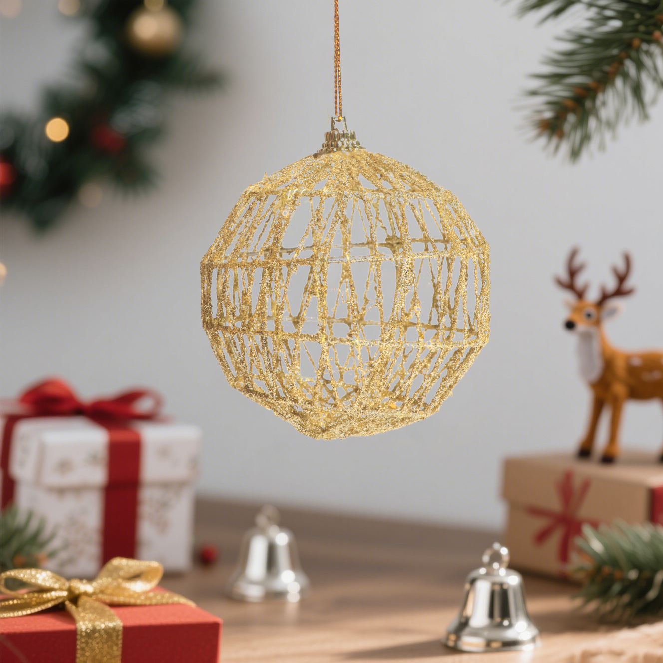 Nuevo polvo flash de hierro dorado de Navidad transfronterizo, bola de Navidad hueca, escena de la fiesta del árbol de navidad, bola de Navidad colgada image 3