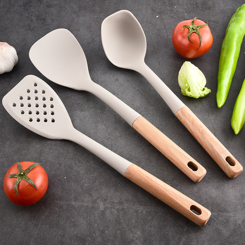 Juego de 7 piezas de utensilios de cocina de silicona con mango de madera, estilo simple resistente a altas temperaturas, espátula, cuchara, polvo, colador, cocina, utensilios de cocina