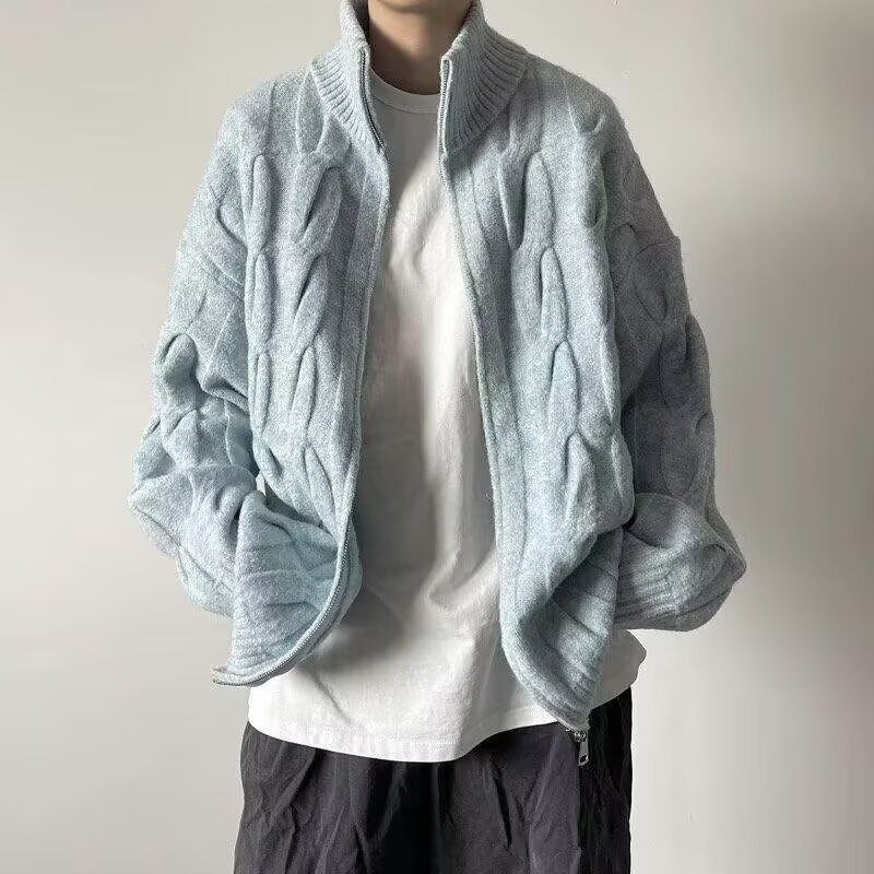 美式复古麻花开衫毛衣男女秋冬季拉链针织外套宽松潮牌半高领线衣