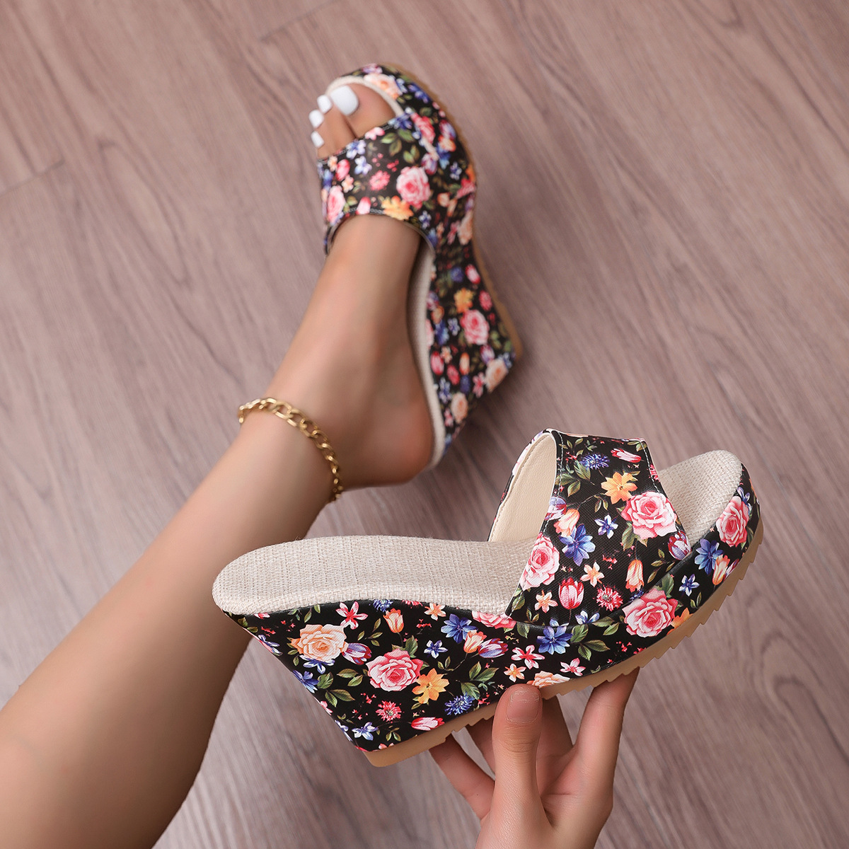 Women's Floral Sandals Summer Peep Toe Wedge Thick Sole European American Style Plus Size Shoes For Outdoor Wear_vogvips.com