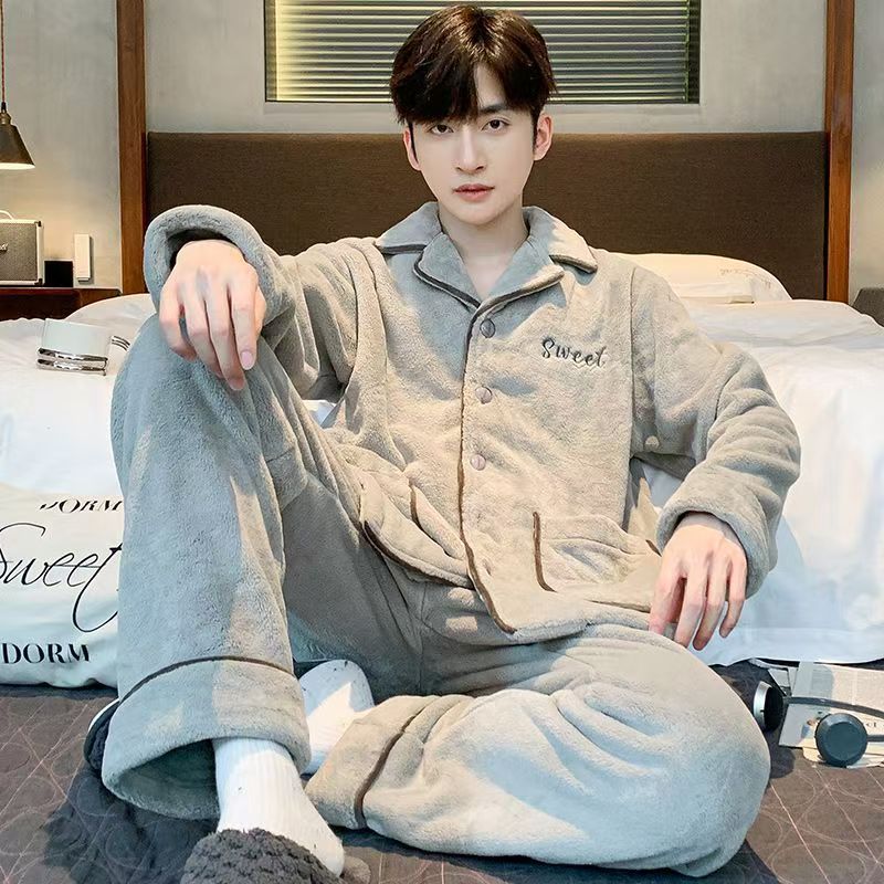 Autumn and Winter Coral Velvet Pajamas Anti-Static Men's Thickeneded Flannel Large Size Youth Home Clothes Set Can Be Worn Outside