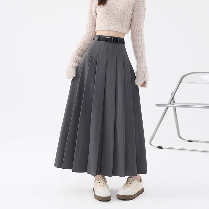 Gray Skirt for Women 2025 Summer New High-Waist Hip-Covering A-Line Umbrella Skirt Mid-Length Spring & Fall Suit Pleated Skirt