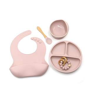 Amazon silicone tableware baby teether bib children silicone sucker bowl silicone spoon dinner plate feeding suit