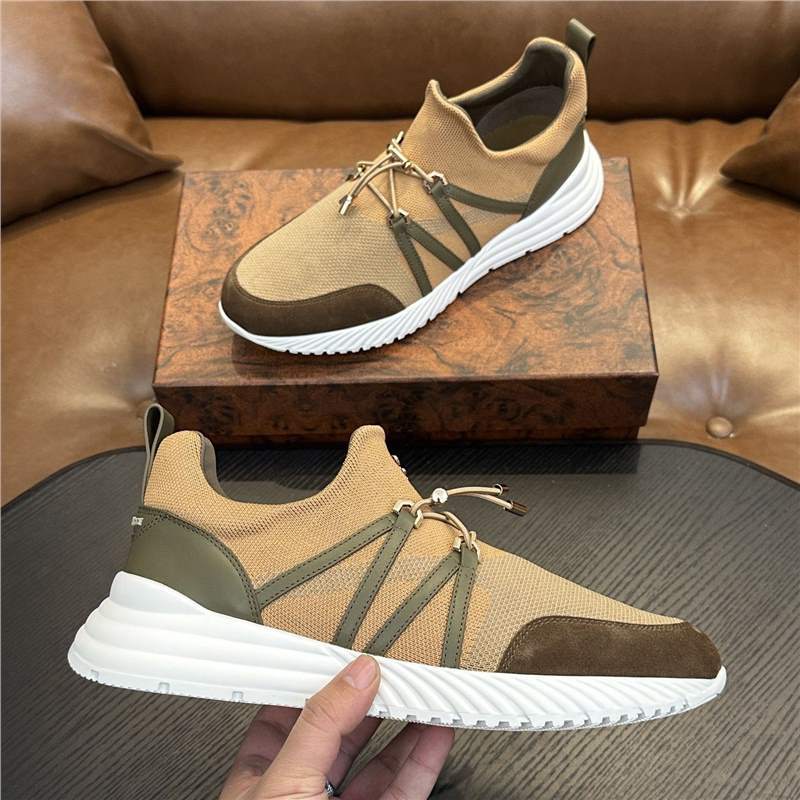 High-End Men's Fashionable Casual Shoes Knitted Mesh Stitching Cowhide Lightweight Breathable Slip-On Sneakers
