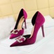 1363-K78 High Heels Slim Heel Shallow Notched Pointed Side Hollow Thickened Suede Rhinestone Button Bow Tie Single Shoe