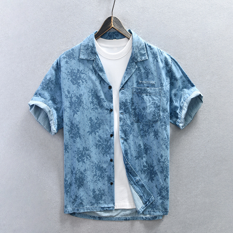 Camicia da uomo estiva alla moda con stampa floreale, colletto cubano, maniche corte in denim, disponibile per il dropshipping Z945_voghion.com