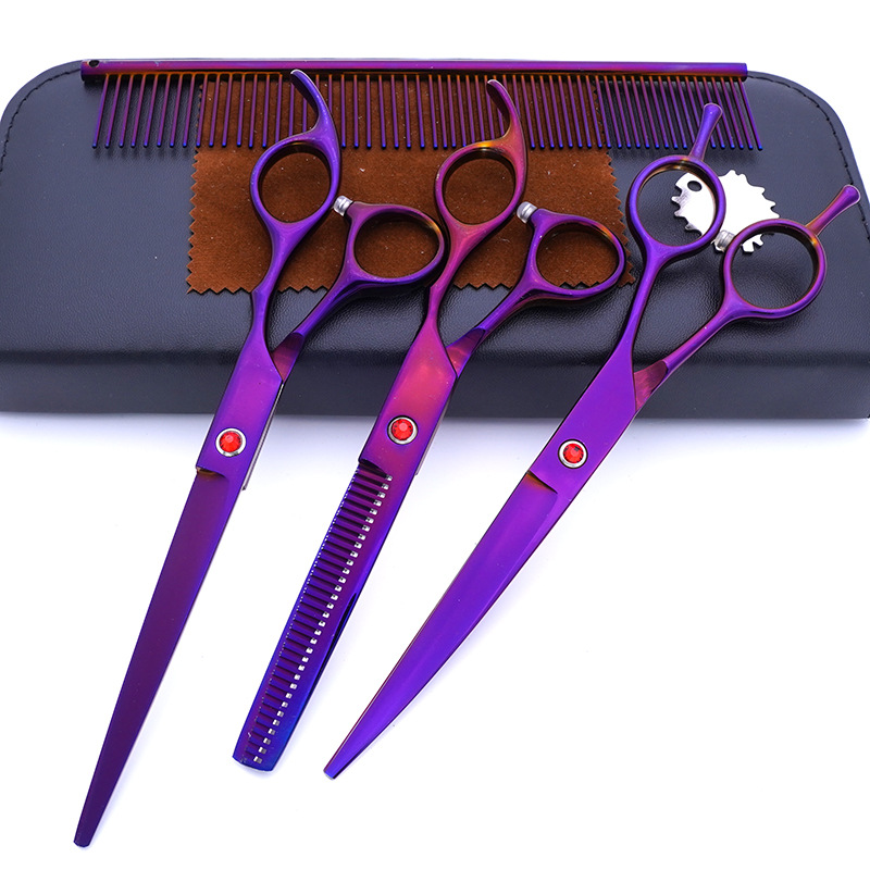 Fabricante de juegos de tijeras para mascotas, tijeras de peluquería canina al por mayor de 7 pulgadas, suministros morados para perros.