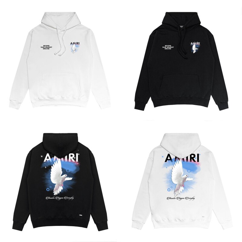 Cross-Border Wholesale European and American Trendy Brand Amiri Classic Pigeon Print Hooded Sweatshirt Huamian 320g Men's and Women's Hoodies