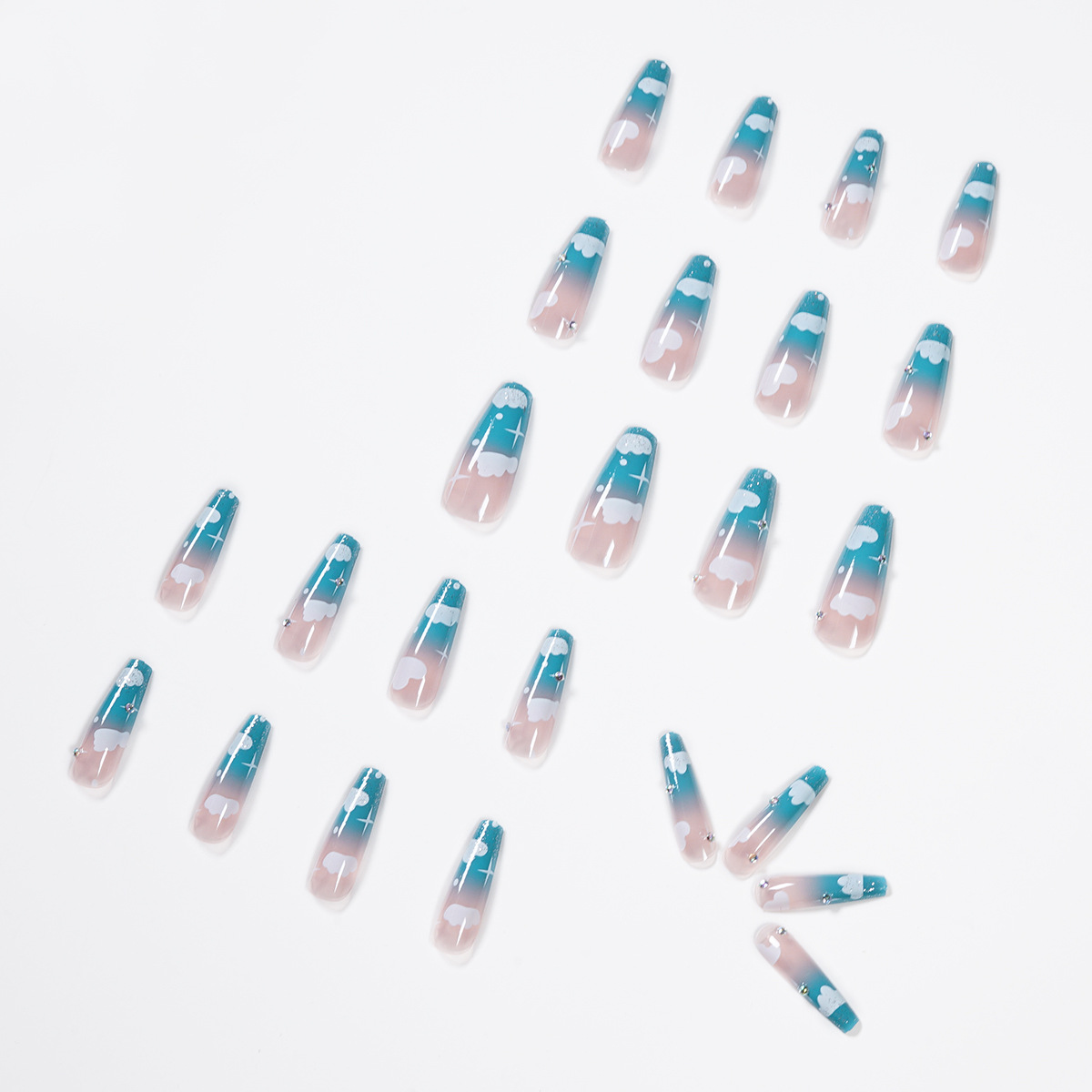 Sky Blue Clouds Gradient Rhinestones Wear Nail Art Finished Fake Nail Nail Art Patch Nail Patch Removable Foreign Trade