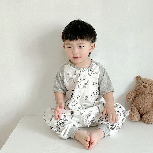 Redange short-sleeved baby pajamas, children's split-leg anti-kick quilt, double-layer bamboo cotton gauze baby sleeping bag for summer