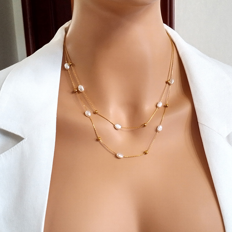Fashion Geometric Titanium Steel Plating Artificial Pearls Layered Necklaces 1 Piece