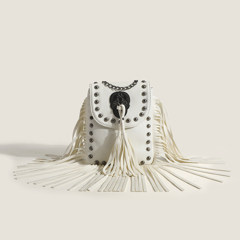 Trendy Fashion European & American Women's Studded Tassel Mini Phone Bag Casual Soft Leather Sweet Cool Biker Style Chain Crossbody Bag - Thumbnail 6
