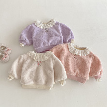 女童毛毛卫衣2025新款冬季宝宝花边领加绒套头衫儿童韩版绣花冬装