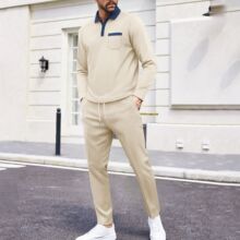 2025春秋新款跨境亚马逊男士休闲运动户外百搭纯色翻领华夫格套装