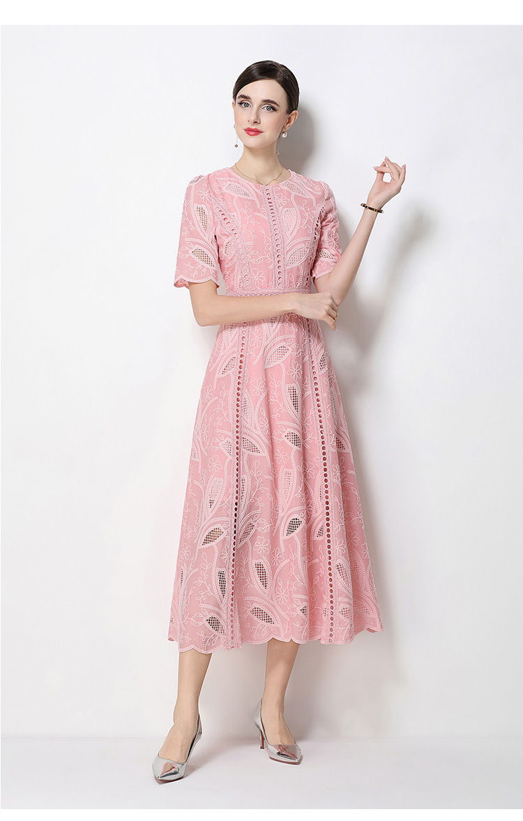 Đầm maxi nữ thắt eo cổ điển Pháp ren thêu họa tiết tay ngắn — màu đen, xanh nhạt, màu hồng, Xanh da trời nhạtcolor chi tiết 53