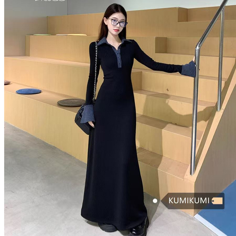 Black Elegant Lapel Long-Sleeved Dress for Women Winter New Style Waist Slimming Slimming Ruffled Long Skirt