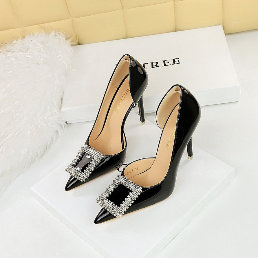 Stiletto High Heel Pumps Patent Leather Pointed Toe Rhinestone_voghion.com
