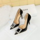 638-K63 Banquet High Heels, Thin Heels, Lacquer Leather, Shallow Notched Pointed Side Hollow Square Metal Button, Water Diamond Button, Single Shoe